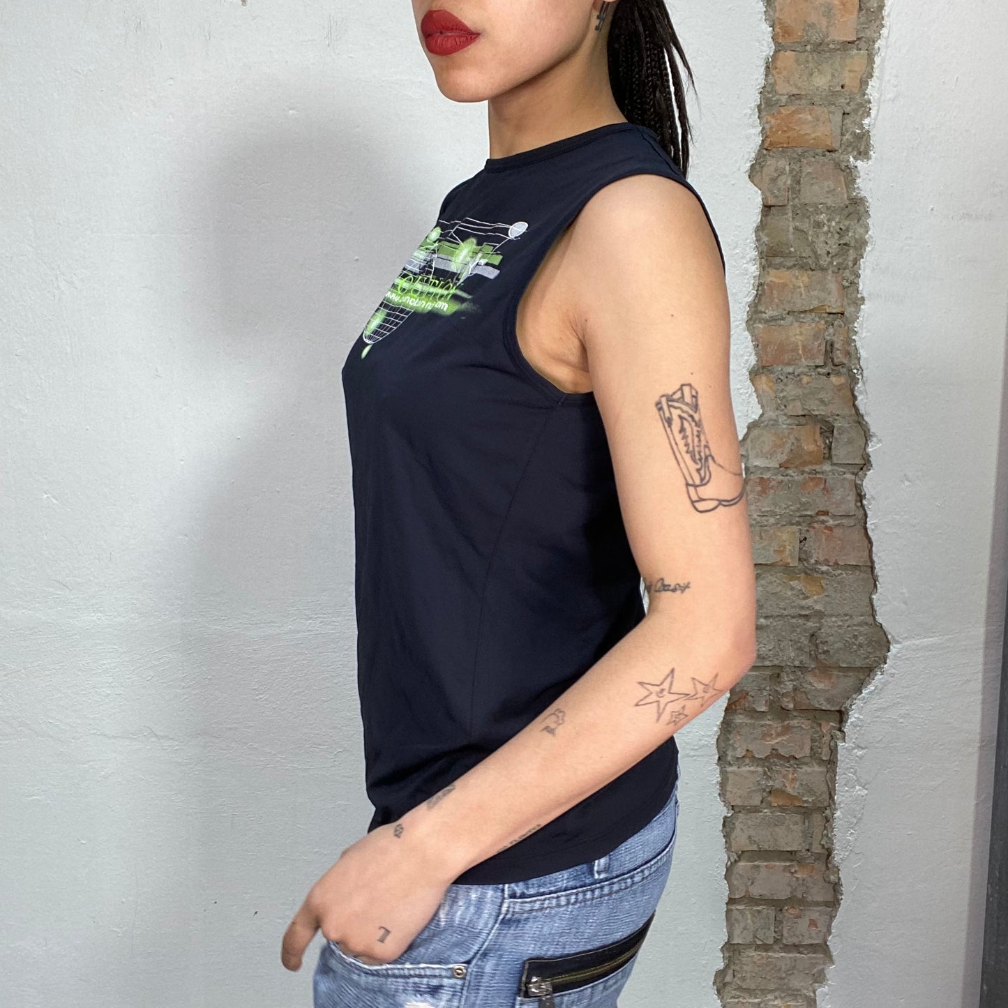 Vintage 2000's Cyber Black Tank Top with Neon Green 'Revolution' Print (M)