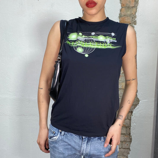 Vintage 2000's Cyber Black Tank Top with Neon Green 'Revolution' Print (M)