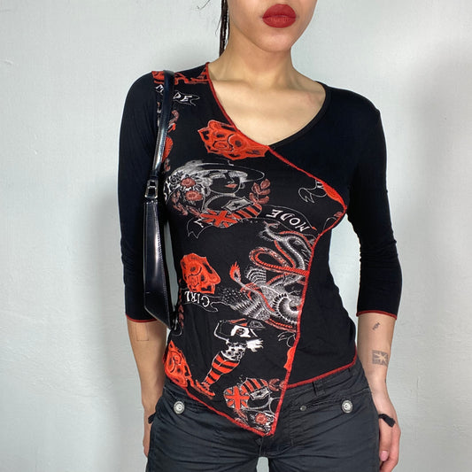 Vintage 2000's Rock Asymmetrical Black Top with Red Contrast Stitching and Print (S)