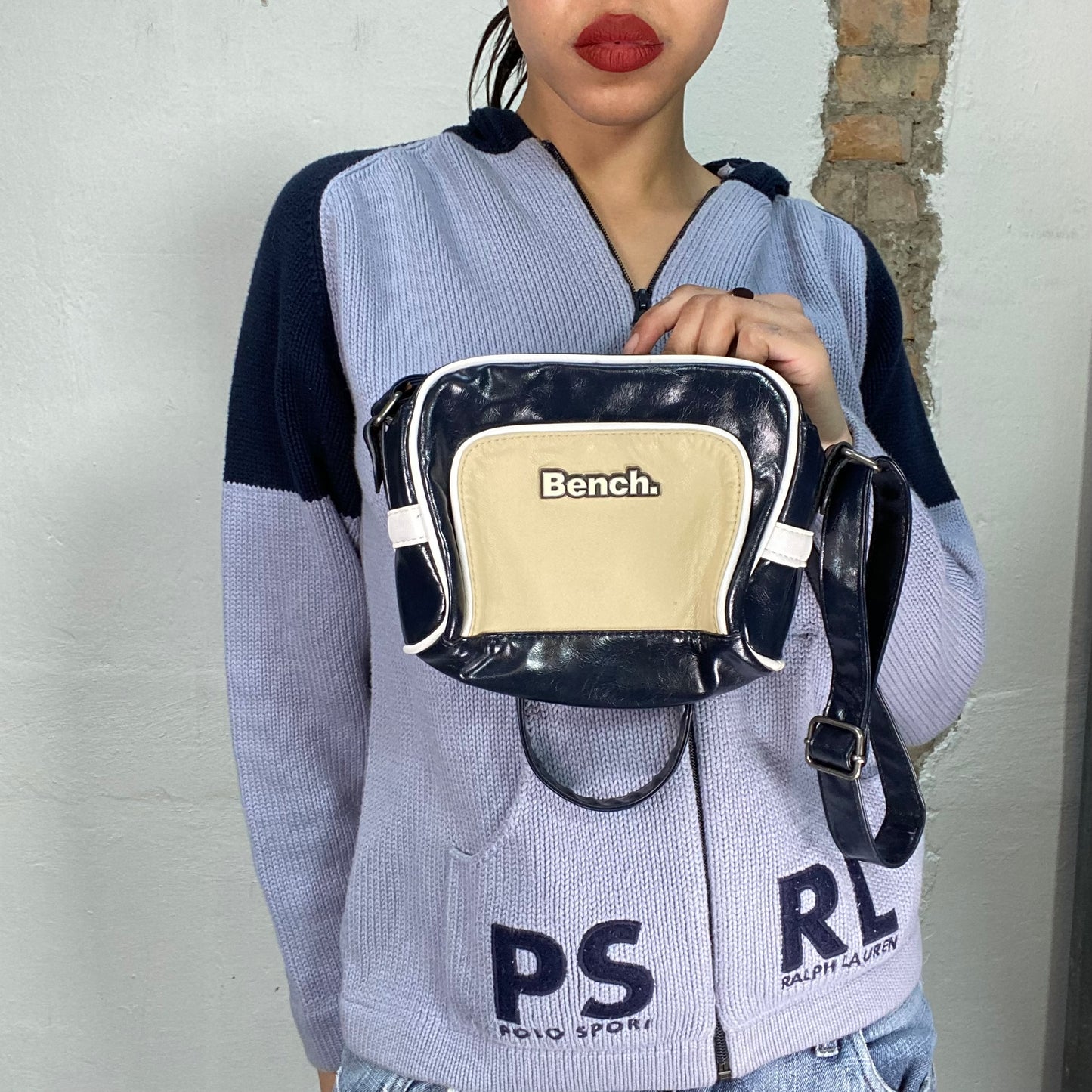 Vintage 2000's Archive Bench Beige and Blue Small Crossbody Bag