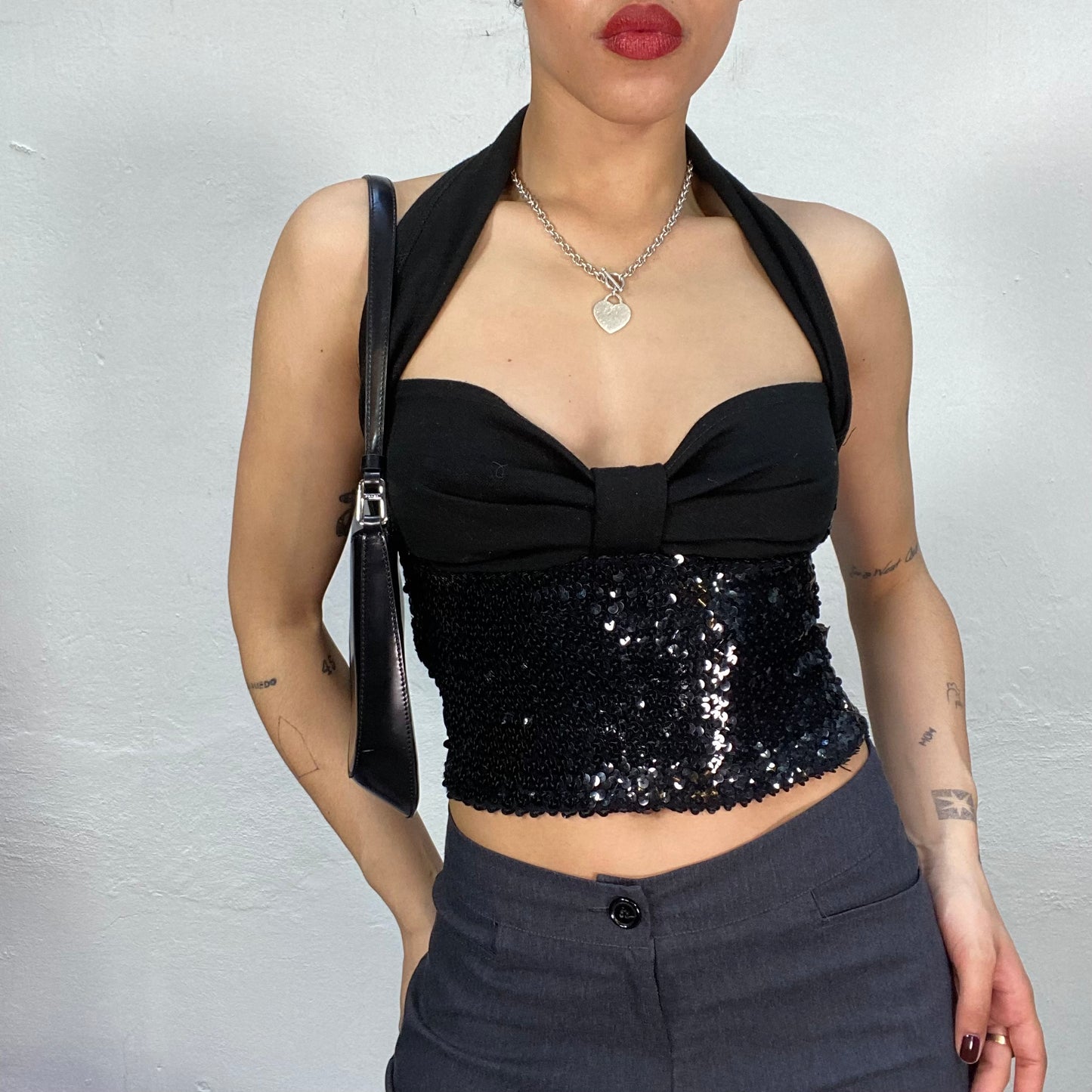 Vintage 2000's Clubwear Black Halter Neck Top with Sequin Waist Part (S)