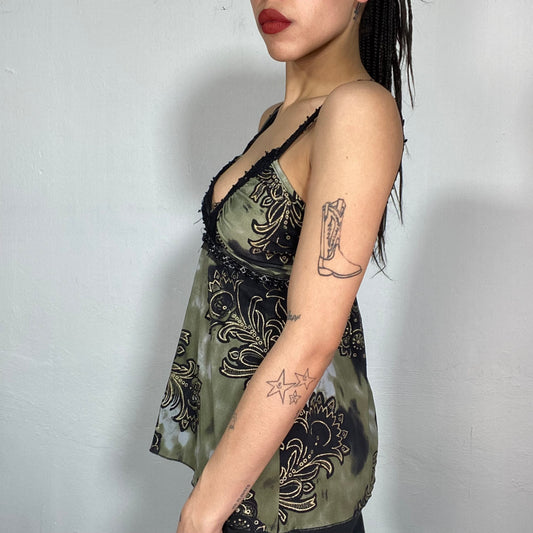 Vintage 2000's  Fairy Grunge Khaki Top with Black Lace Details and Paisley Print (S)