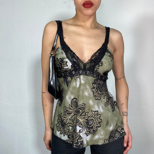 Vintage 2000's Fairy Grunge Khaki Top with Black Lace Details and Paisley Print (S)