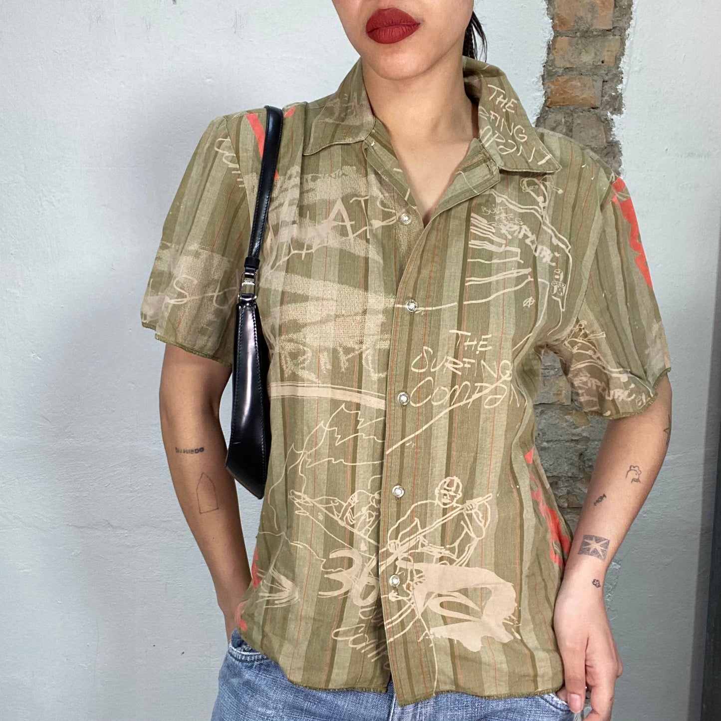 Vintage 90's Surfer Kahki Short Sleeve Button Up with Writing Print (S/M)