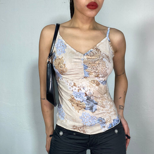 Vintage 2000's Soft Girl  Beige Top with Brown and blue Floral Print (S/M)