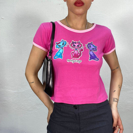 Vintage 2000's Bratz Hot Pink Baby tee with 'Pretty Kitty' Print (S/M)