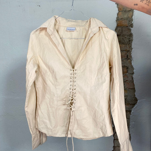 Vintage 2000's Hippie Beige Blouse with Lace Up Detail (S)