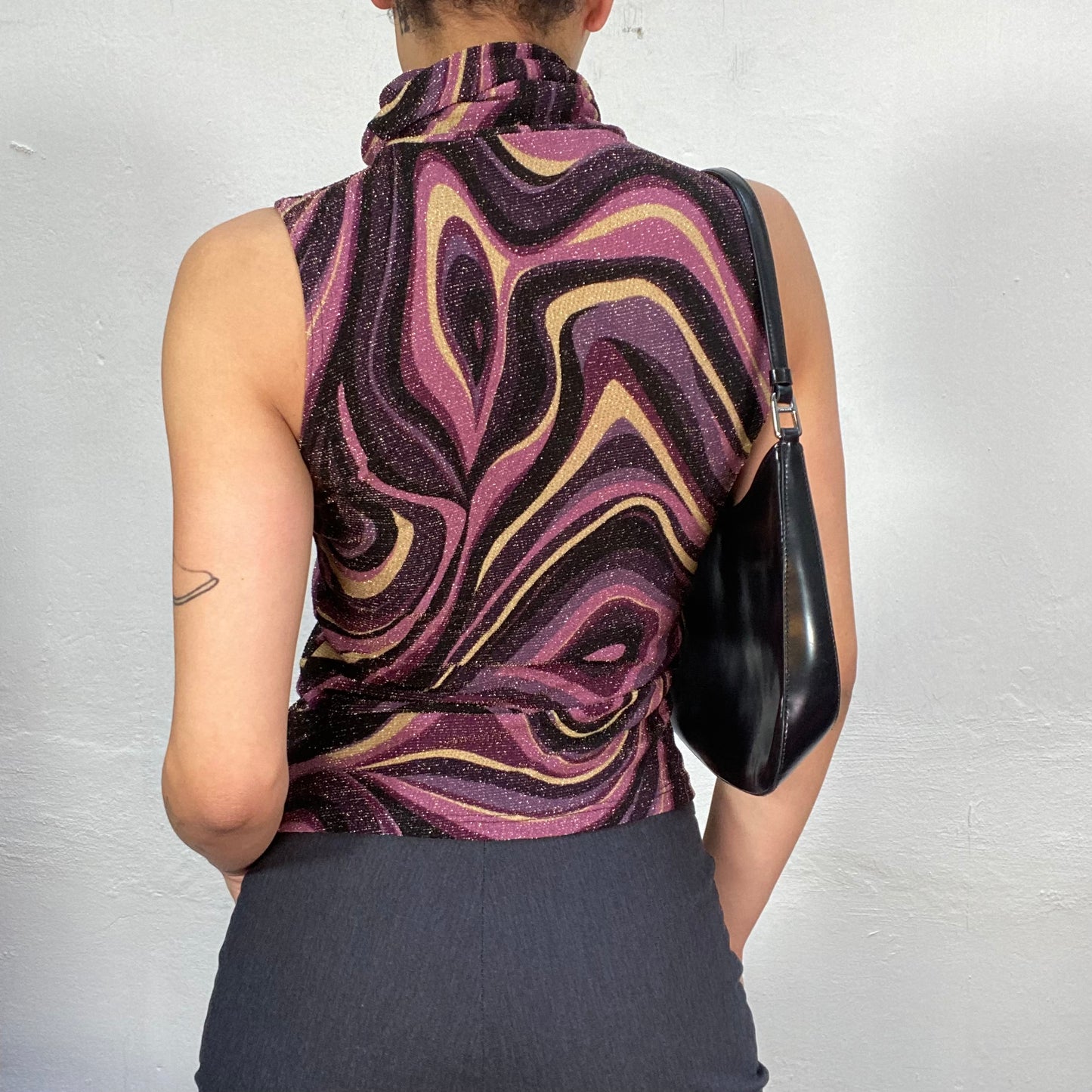 Vintage 2000's Funky Purple Swirly and Glittery High Neck Top (S/M)