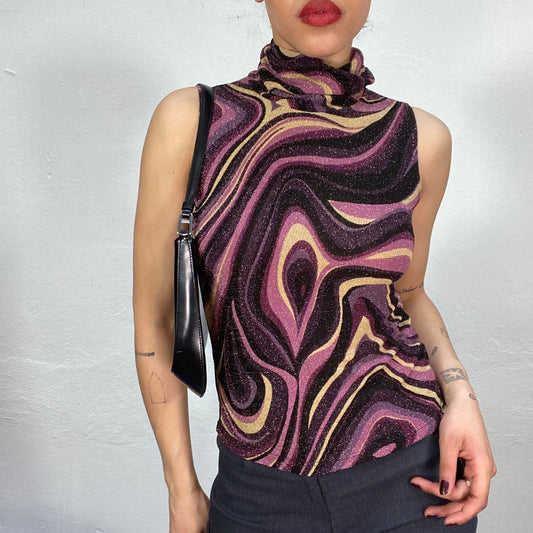 Vintage 2000's Funky Purple Swirly and Glittery High Neck Top (S/M)