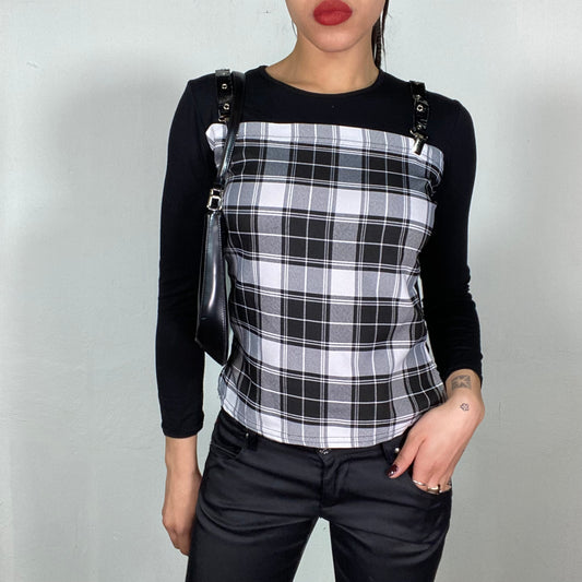 Vintage 2000's Punky Black and White Plaid Top with Buckle Details (M)