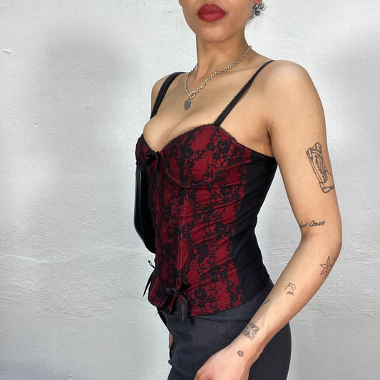 Vintage 2000's Punky Red and Black Lace Corset Top with Bow Details (S)