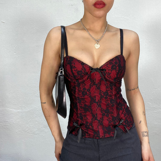 Vintage 2000's Punky Red and Black Lace Corset Top with Bow Details (S)