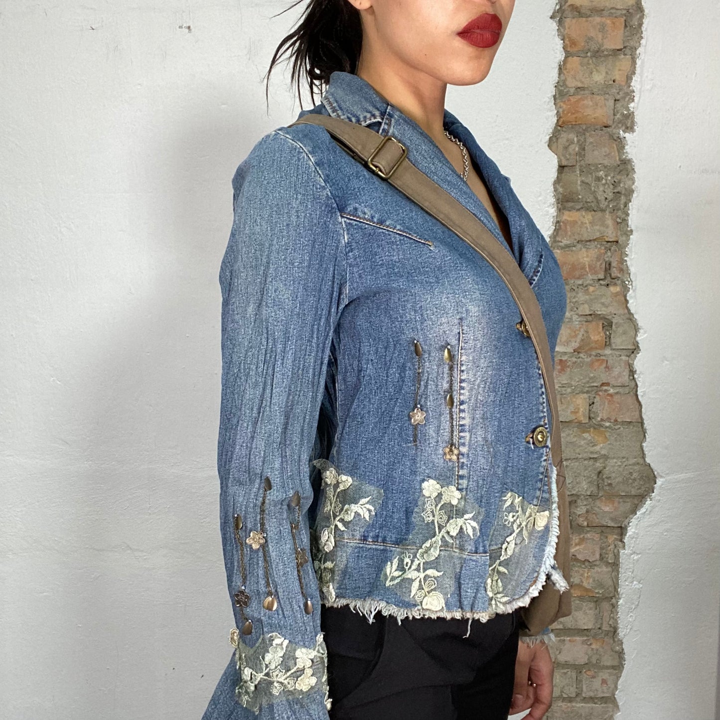 Vintage 2000's Mermaid Denim Blazer with Flower Lace Details (S/M)