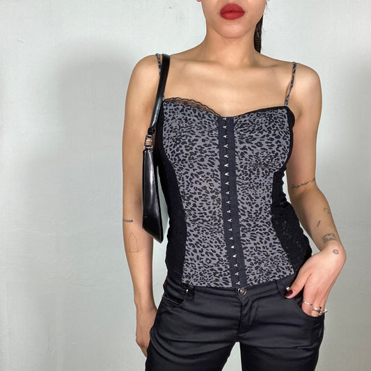 Vintage 2000's Grunge Grey Corset Top with Leo Print and Hook and Eye Closing (S)