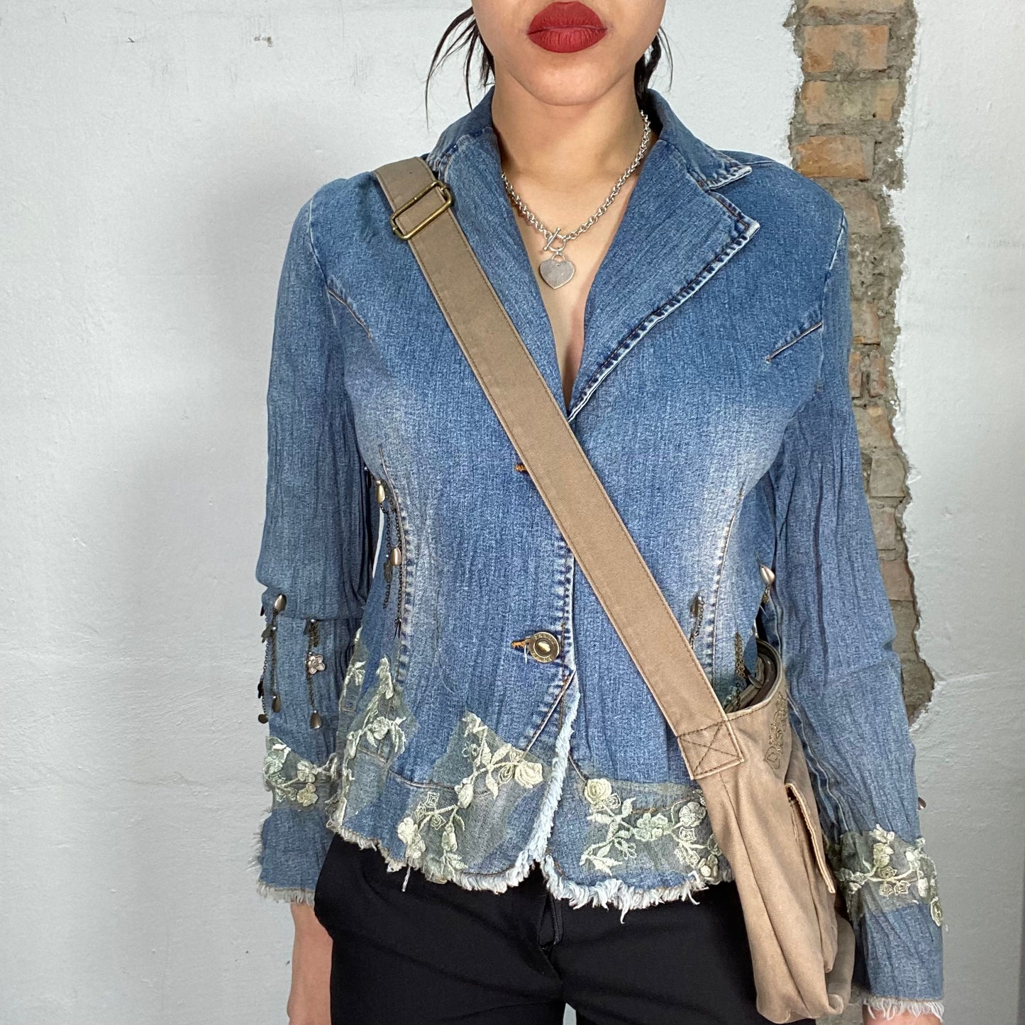 Vintage 2000's Mermaid Denim Blazer with Flower Lace Details (S/M)