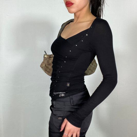 Vintage 2000's Night Out Black Longsleeve with Rhinestone Details (S)