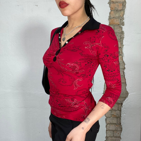 Vintage 2000's Gothic Red Collared Paisley Midi Sleeve Top (S)