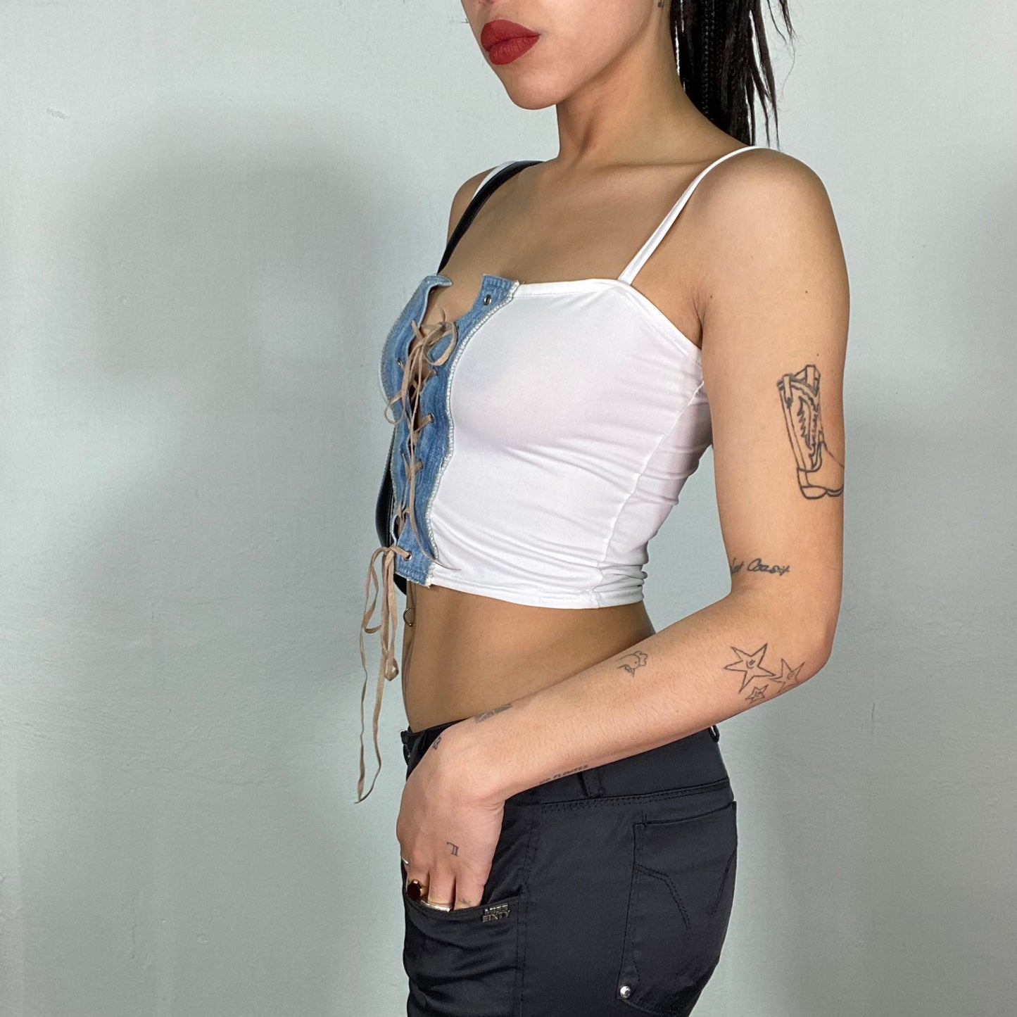 Vintage 2000's Western White Crop Top with Denim Lace Up Detail (S)