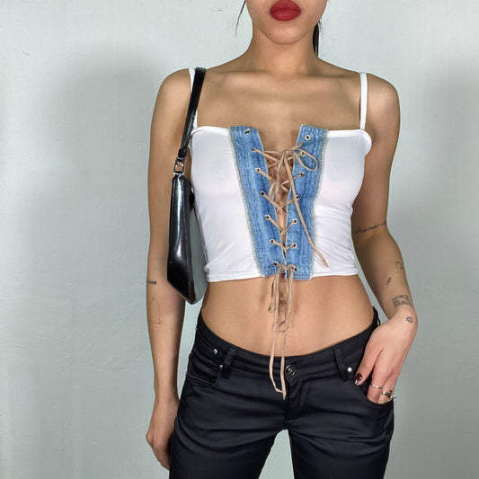 Vintage 2000's Western White Crop Top with Denim Lace Up Detail (S)