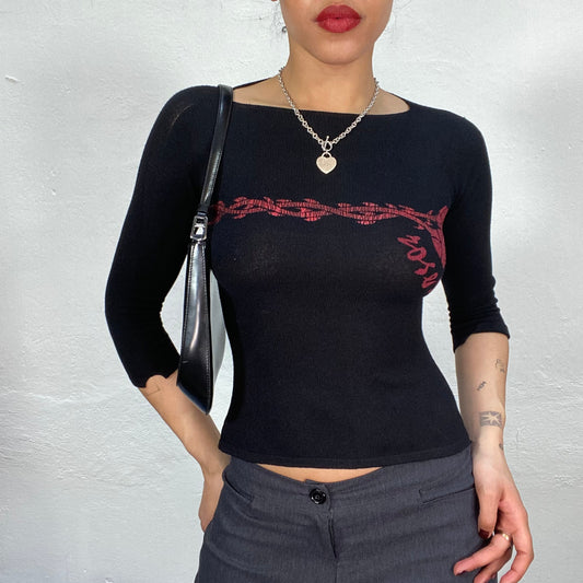 Vintage 2000's Cyber Black Top with Red Tribal Print and Back Cutouts (S)