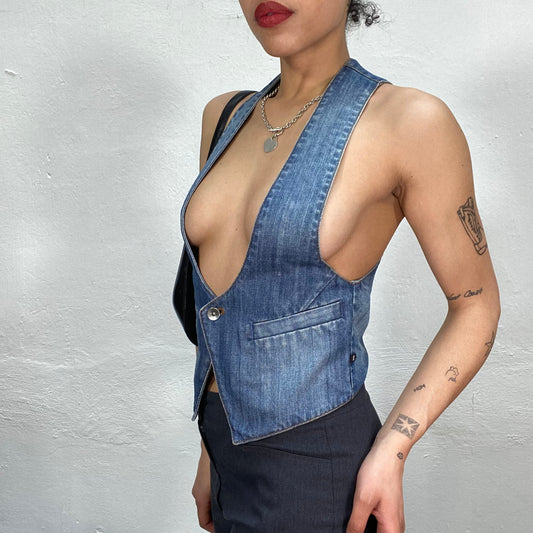 Vintage 2000's Western Denim Vest with Low Neckline (S)