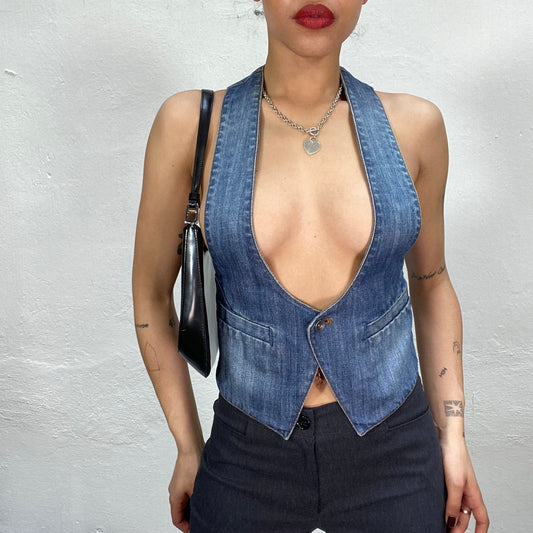 Vintage 2000's Western Denim Vest with Low Neckline (S)