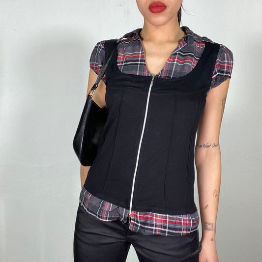 Vintage 90's 'Rachel Green' Black Corset Top with Plaid Shirt Underneath (M)