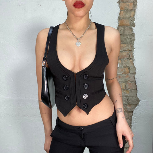 Vintage 2000's Model Off Duty Black Cropped Vest with Big Buttons (S)