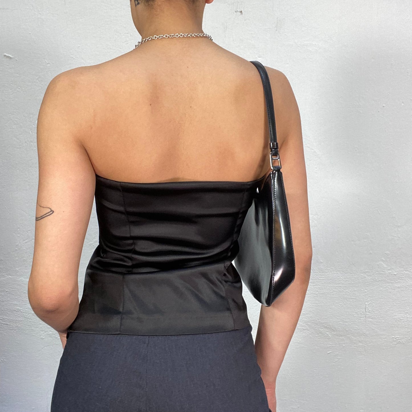 Vintage 2000's Clubwear Black Satin Strapless Top with Lace Up Detail (S)