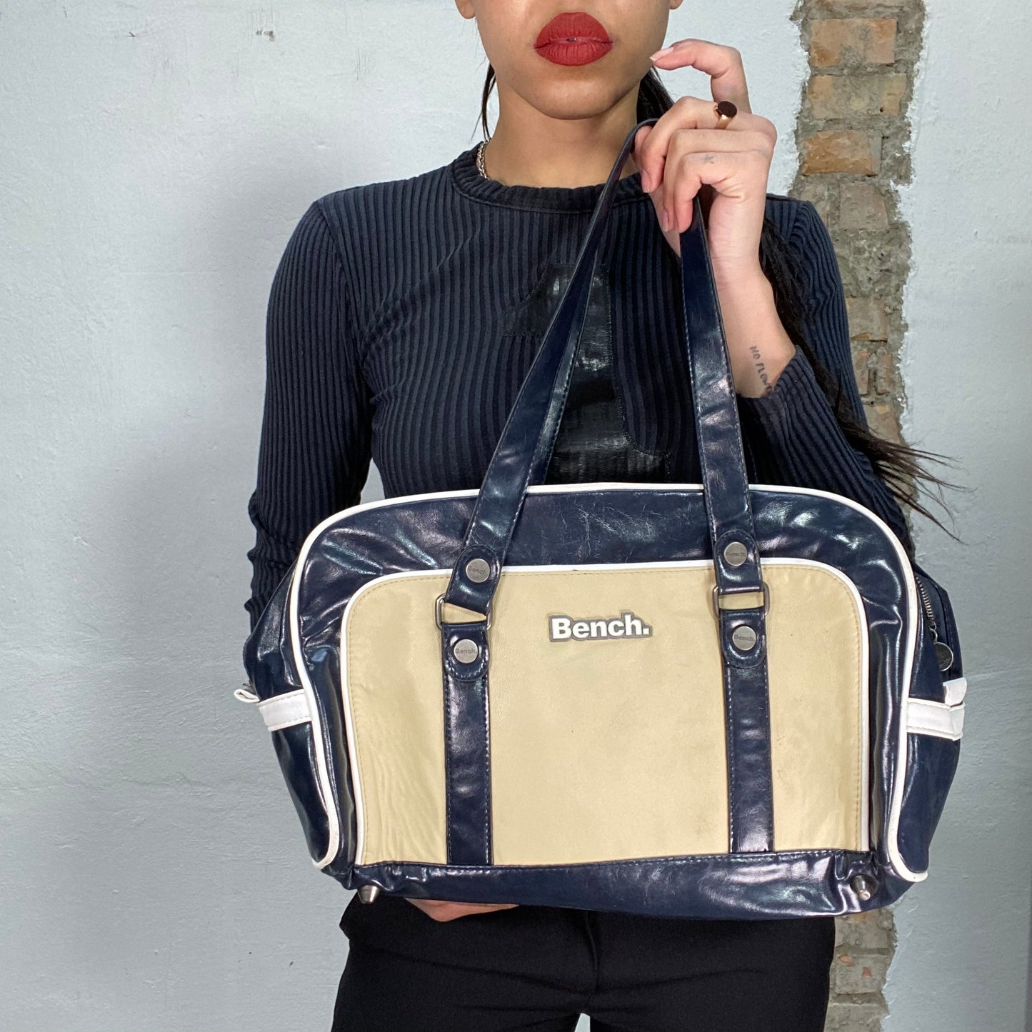 Vintage 2000's Archive Bench Beige and Navy blue Big Shoulder Bag