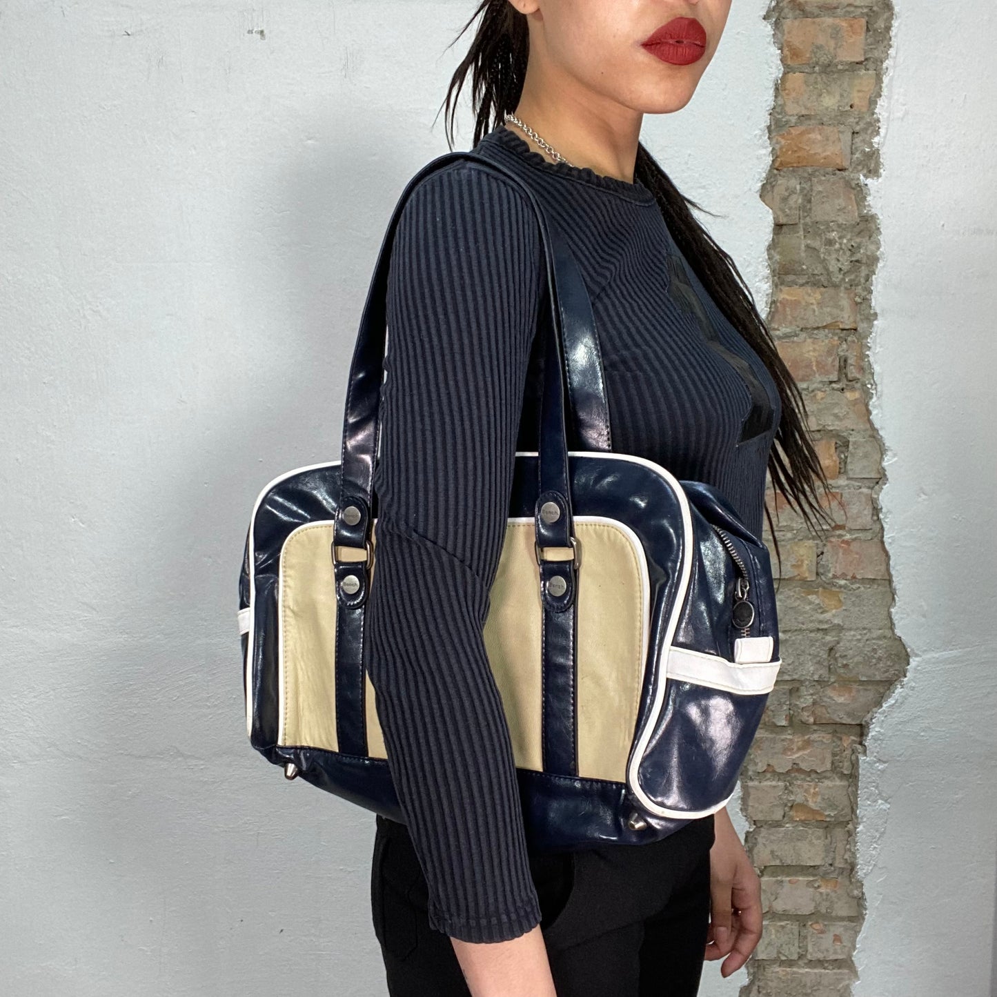 Vintage 2000's Archive Bench Beige and Navy blue Big Shoulder Bag