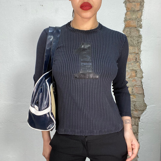 Vintage 2000's Streetstyle Black Ribbed Sweater with '1' Print (S)