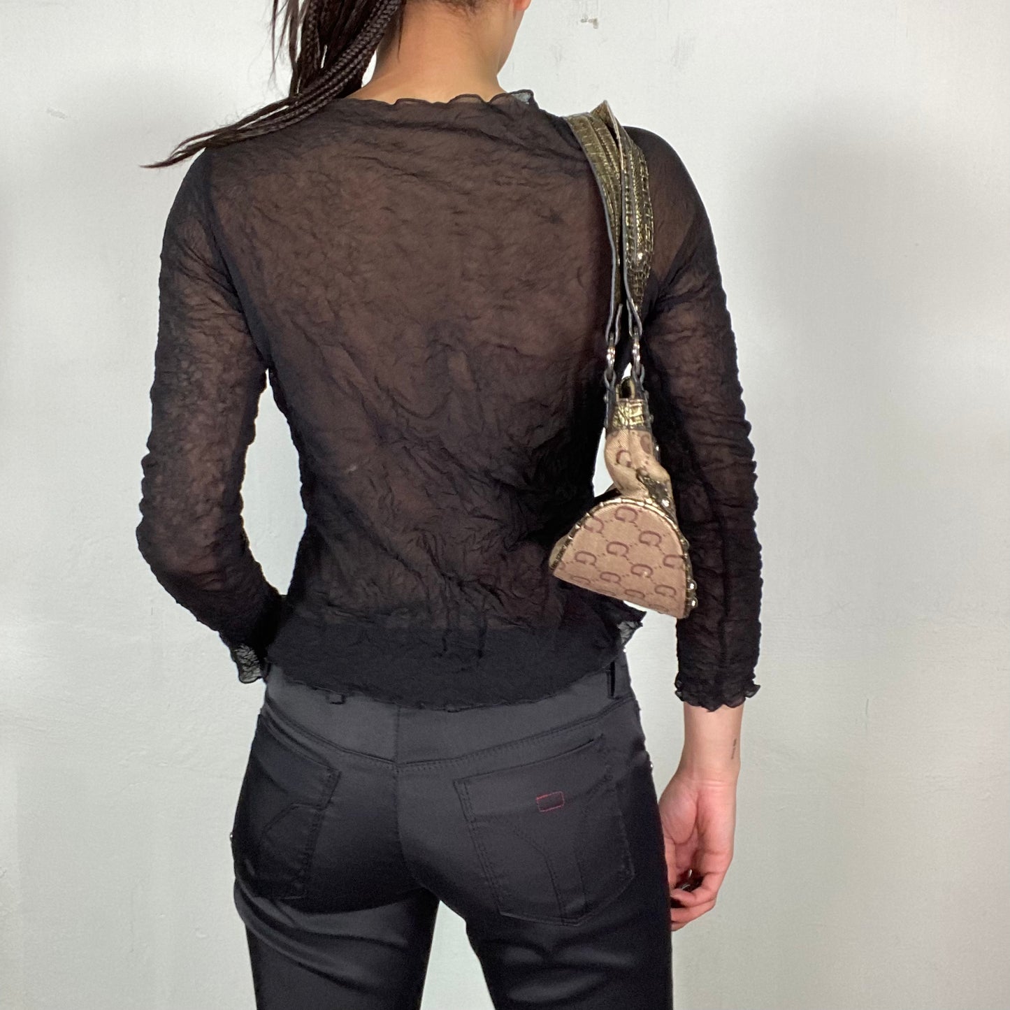 Vintage 2000's Rave Black Mesh Wrinkly Longsleeve Top (S/M)