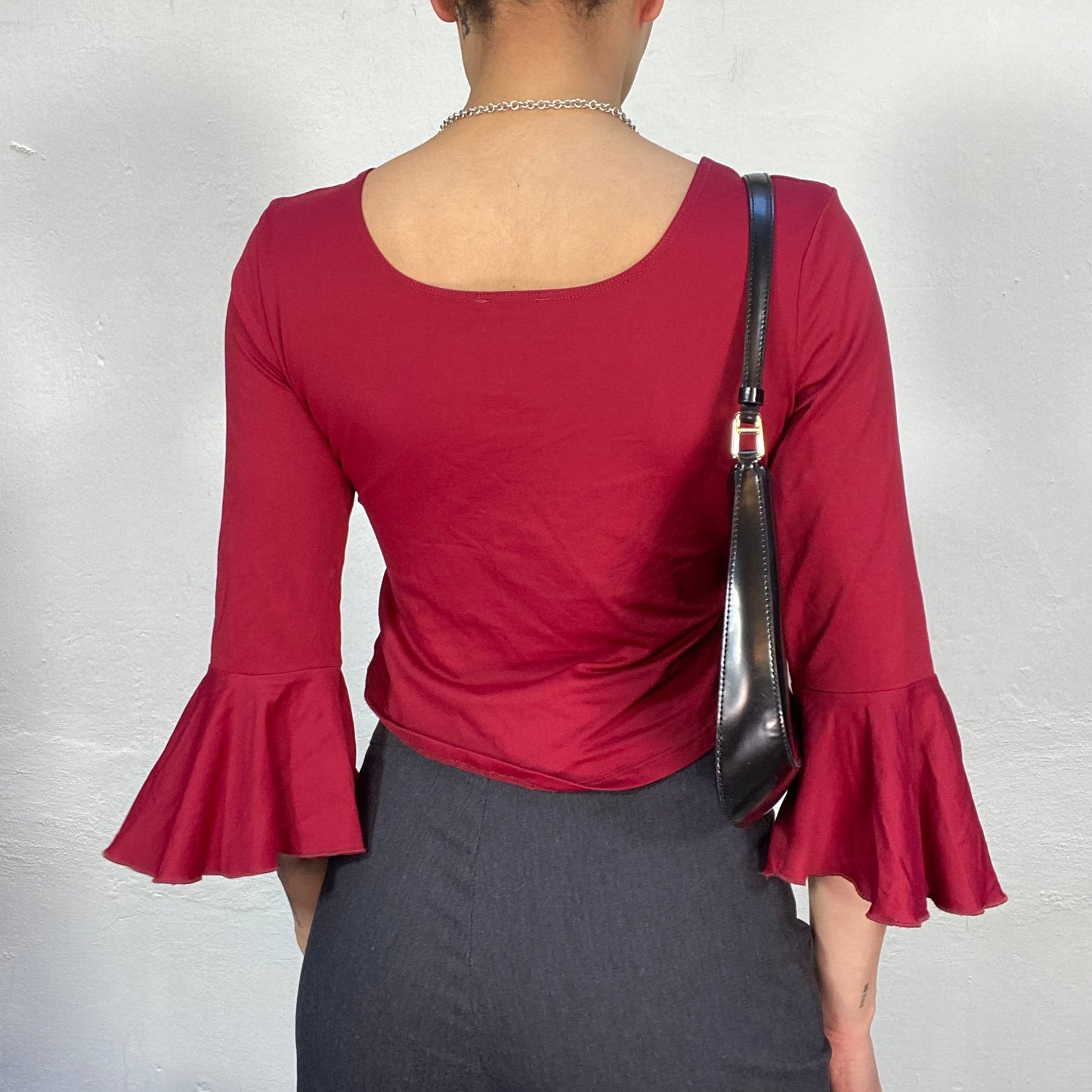 Vintage 2000's Indie Bordeaux Red Midi Sleeve Square Neck Top (S)