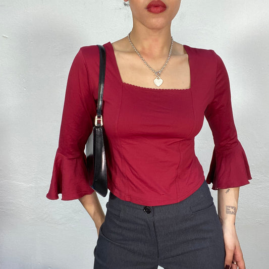 Vintage 2000's Indie Bordeaux Red Midi Sleeve Square Neck Top (S)