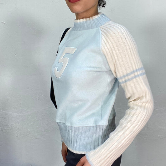 Vintage 2000's Sof tGirl White and Baby Blue Sweater with Knit Trim (S)