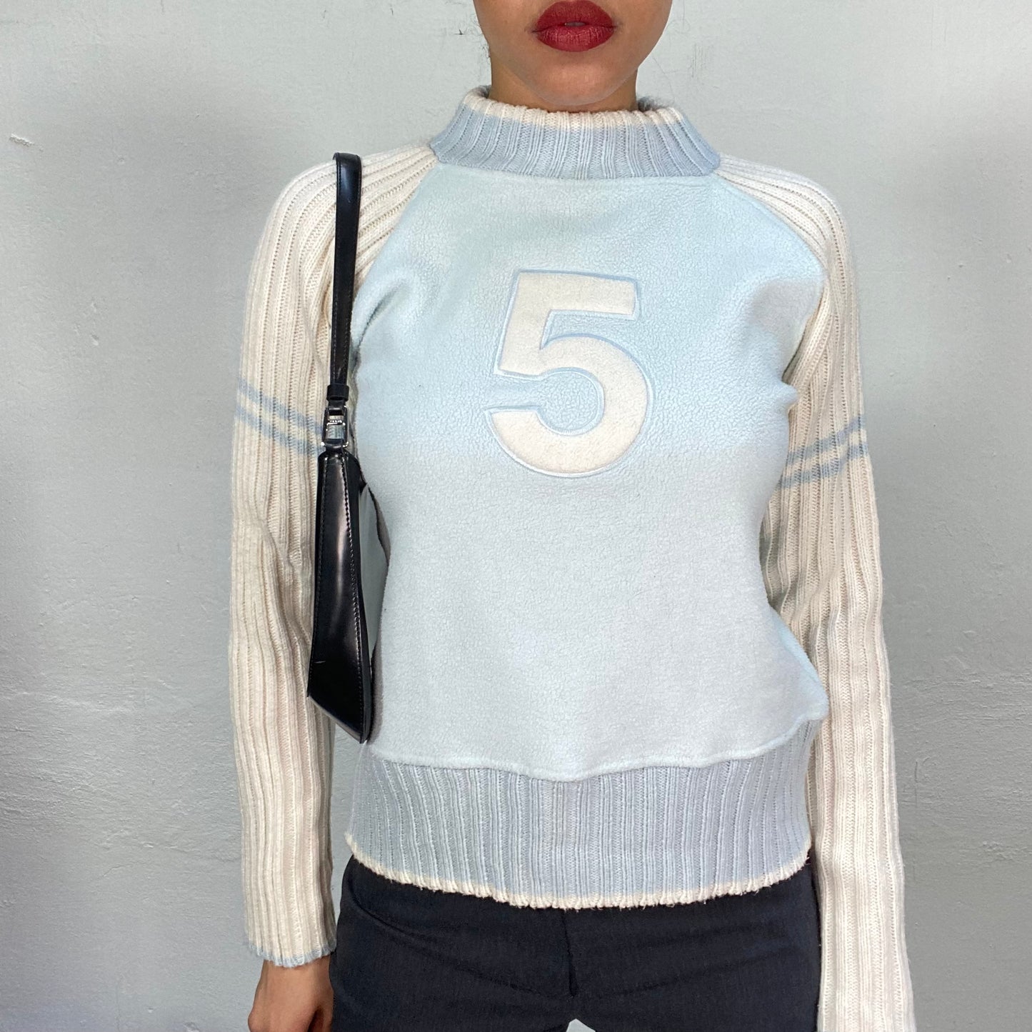 Vintage 2000's Sof tGirl White and Baby Blue Sweater with Knit Trim (S)