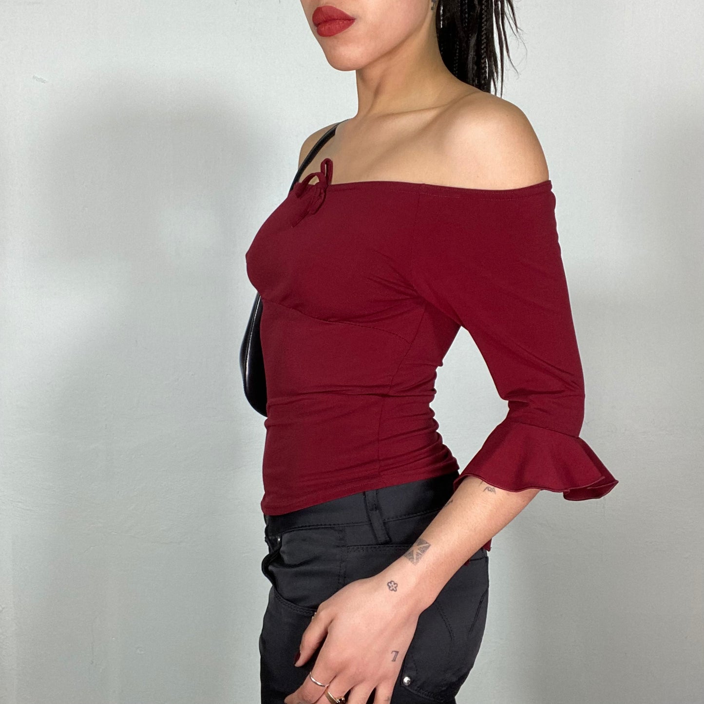 Vintage 2000's Downtown Girl Bordeaux Red Midi Sleeve Off Shoulder Top (S)