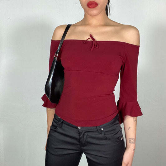 Vintage 2000's Downtown Girl Bordeaux Red Midi Sleeve Off Shoulder Top (S)