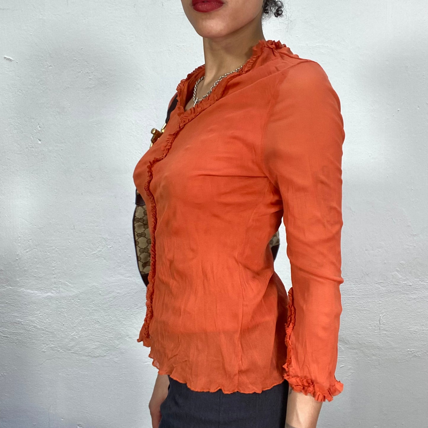 Vintage 2000's Indie Orange Mesh Blouse with Ruffle Front and Collar Detail (S/M)