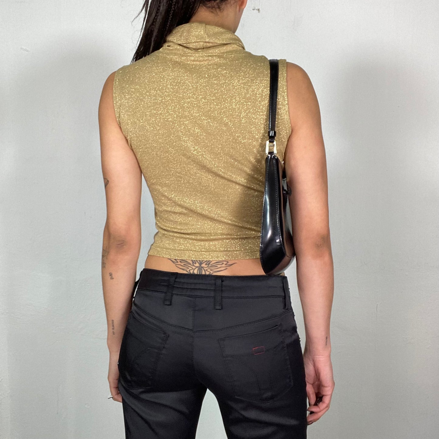 Vintage 2000's Downtown Girl Gold Glittery Sleeveless Turtleneck Top (S)