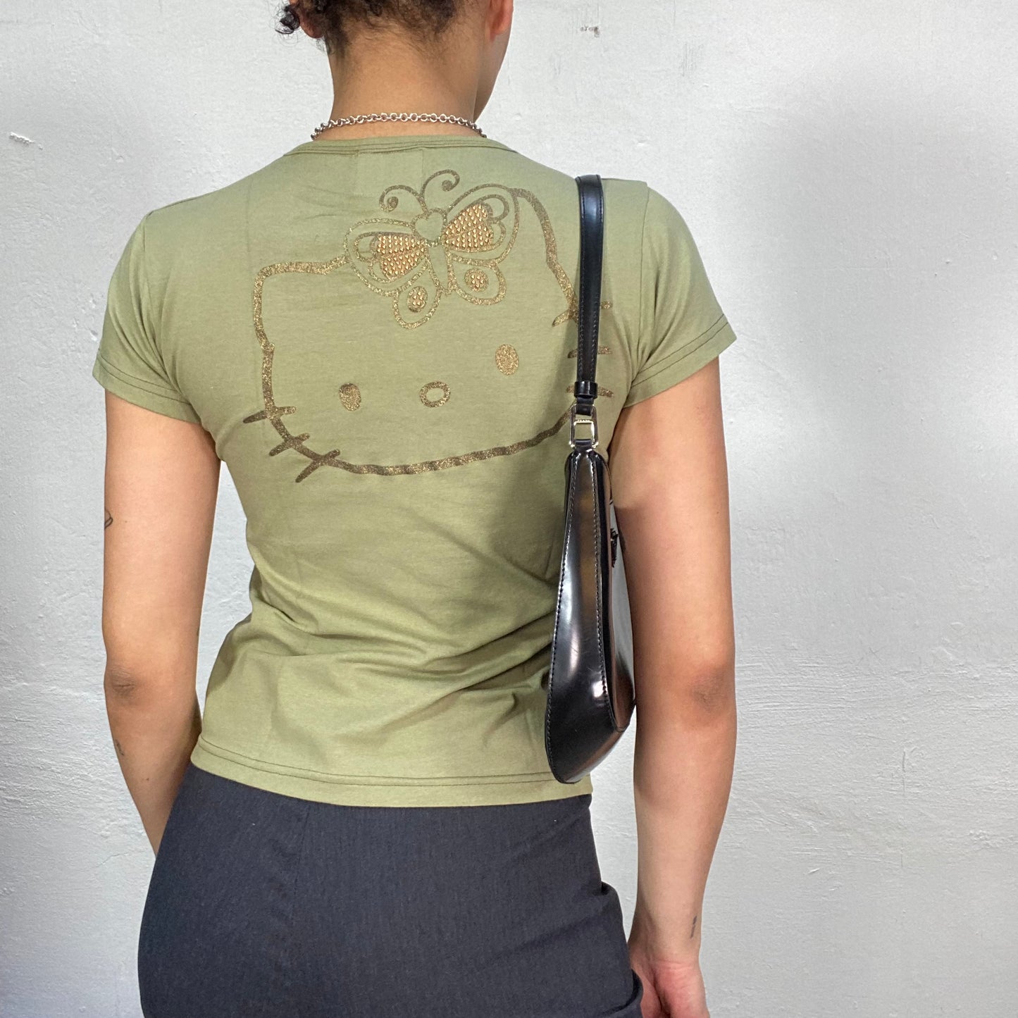 Vintage 2000's Hello Kitty khaki Baby Tee with 'Hello Kitty' Print (S/M)