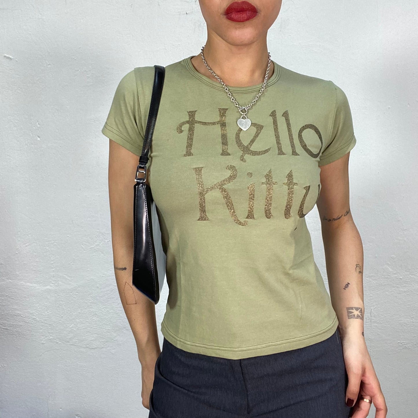 Vintage 2000's Hello Kitty khaki Baby Tee with 'Hello Kitty' Print (S/M)