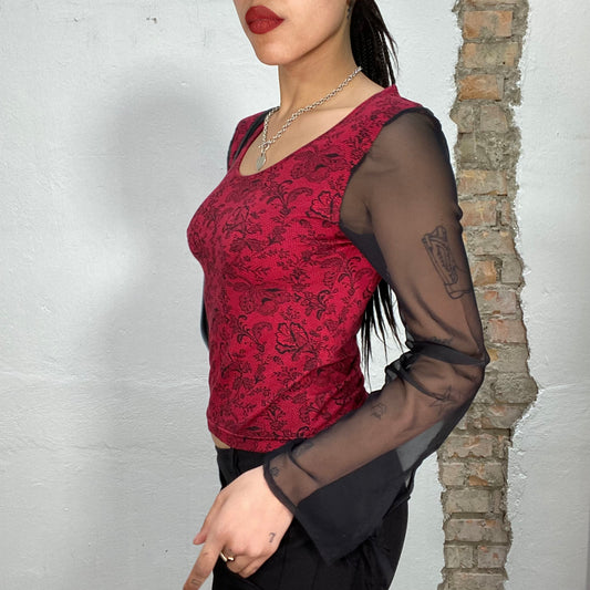 Vintage 2000's Gothic Red Paisley Top with Mesh Sleeves (S/M)