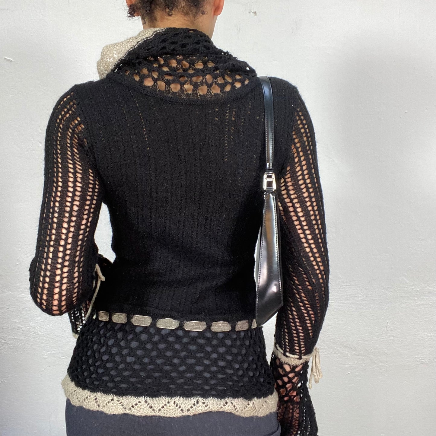 Vintage 90's Ballet Black Knit Sweater with Creme Knit and Ribbon Details (S)