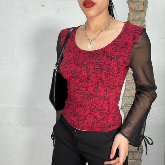 Vintage 2000's Gothic Red Paisley Top with Mesh Sleeves (S/M)