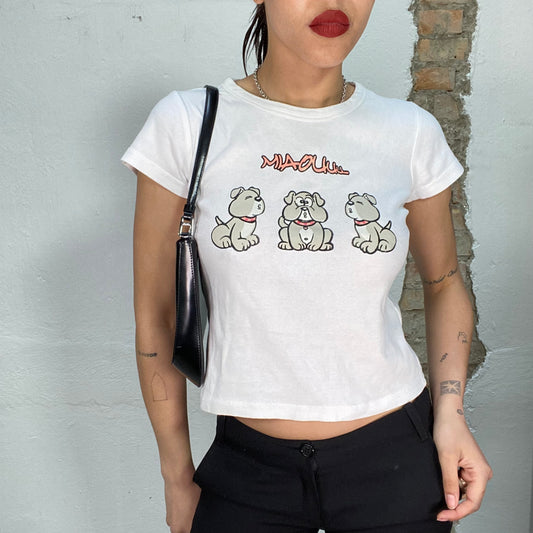 Vintage 2000's Downtown Girl White Baby Tee with Dog Print (S)