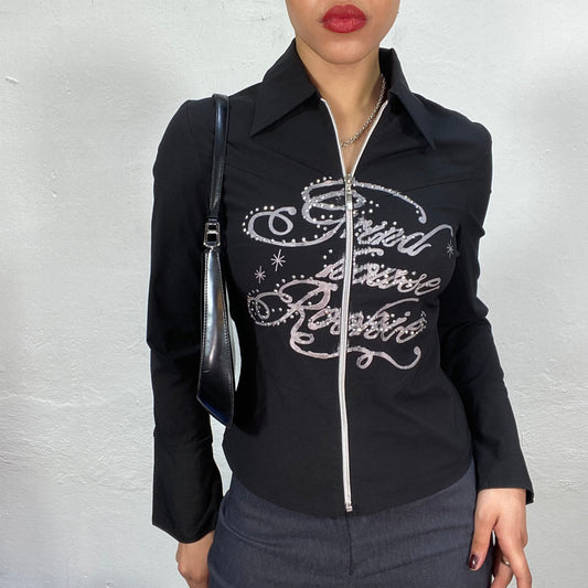 Vintage 2000's Clubwear Black Collared Zip Up with Rhinestone Detail and Silver Writing (S)