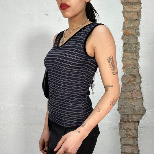 Vintage 90's Bella Black V-Neck Top with Glitter Stripes (S)