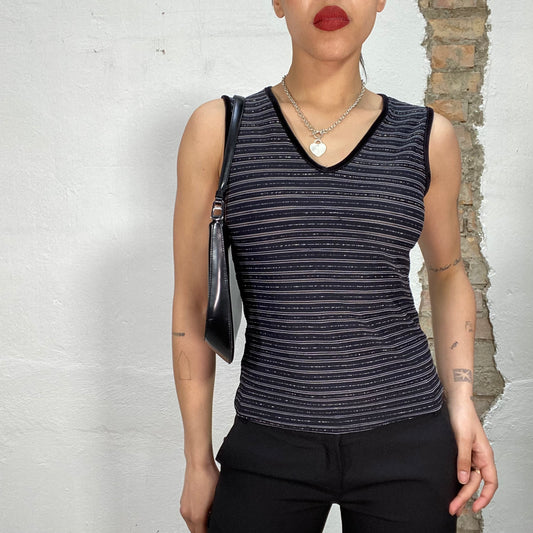 Vintage 90's Bella Black V-Neck Top with Glitter Stripes (S)